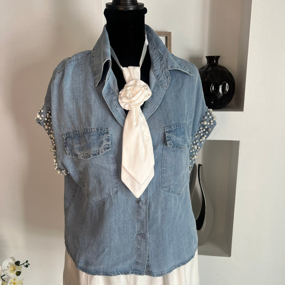 Pearls and Rhinestones Sleeve Denim Top