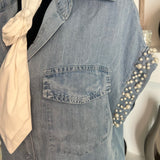 Pearls and Rhinestones Sleeve Denim Top