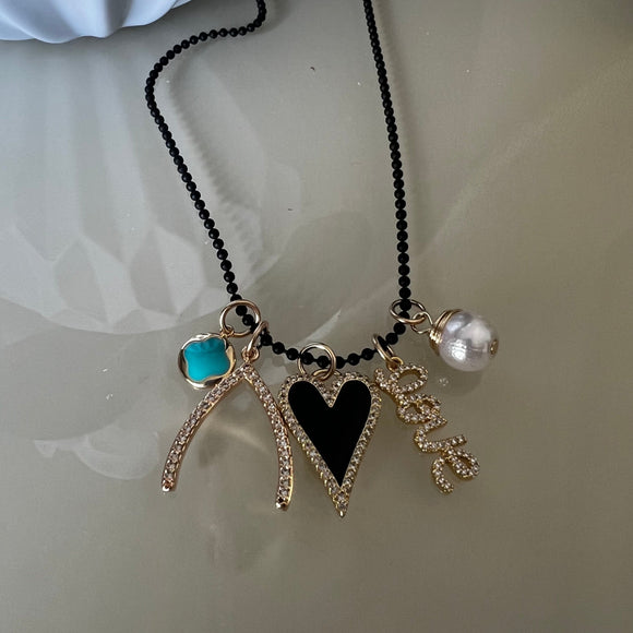 Black Ball Chain with Wishbone and Love-Cluster Charms