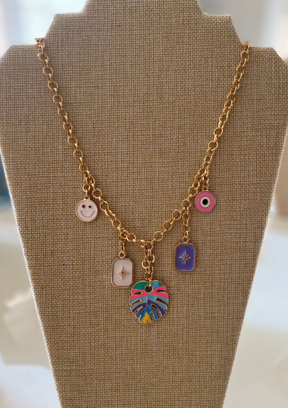 Colorful Leaf and Happy Face Charms Necklace