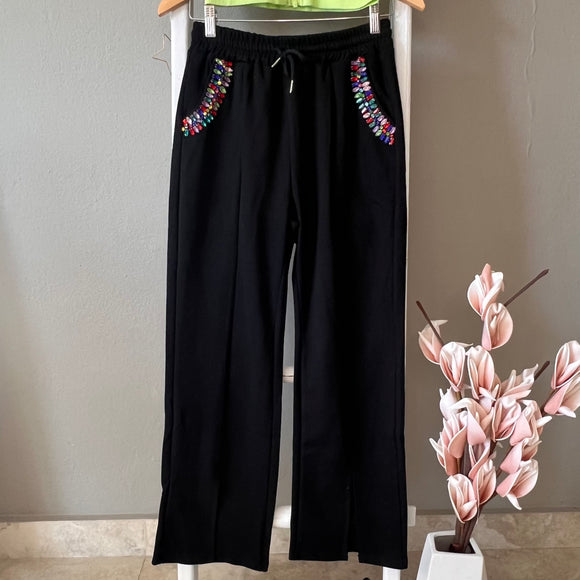 Black Drawstring Pant with Rhinestones