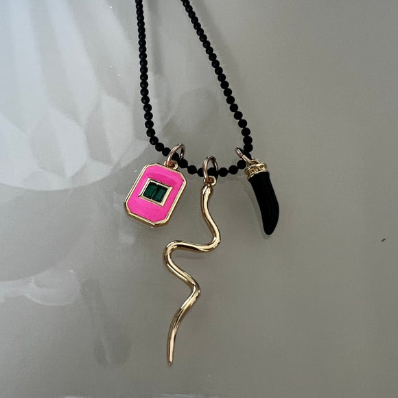 Black Ball Chain with Snake and Pink Tag Charms