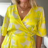 Floral Print Wrap Dress in Lime