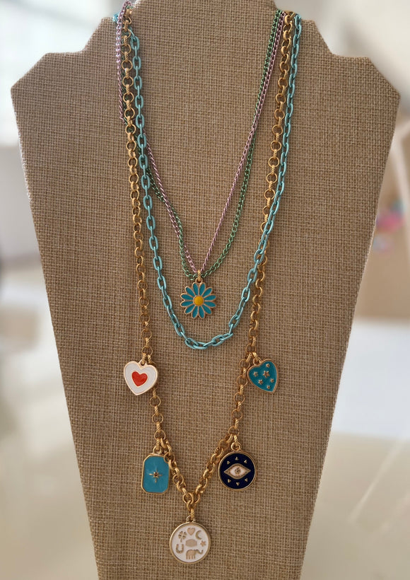 Multilayered Pastel Colored Chains Necklace Daisy and Hearts Charms