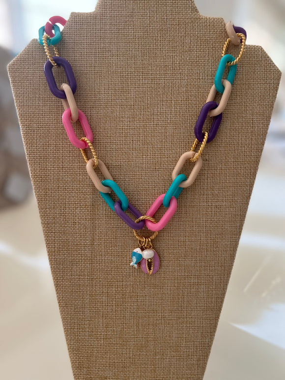 Multicolored Chunky Chain Fish and Shell Necklace